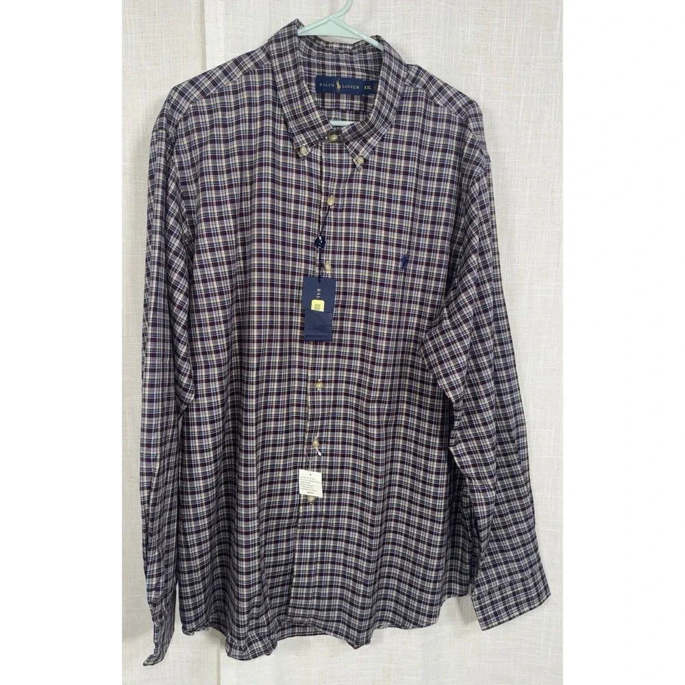 NWT Men's Ralph Lauren Oxford Long Sleeve Button Down Plaid Shirt XXL‎ Pony